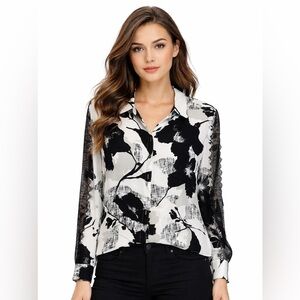 Chico's Blouse Women's Size XL Floral Lace Sleeves black white Chicos 3